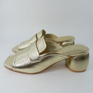 Deltan Baker Slide Sandals Size 6.5 Low Block Heel Gold Metallic Leather NEW